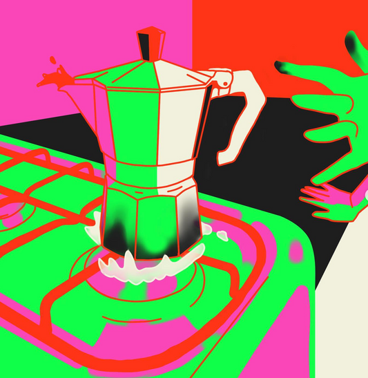 Colorful Cuban moka coffee maker brewing on stove contemporary artwork by Idania del Rio