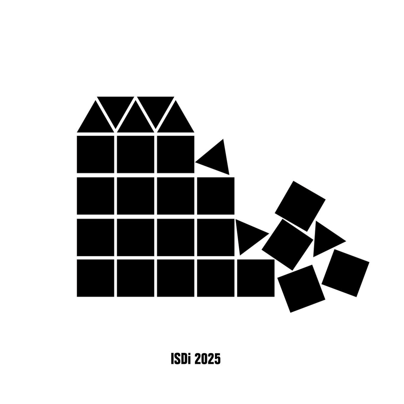 Minimalist geometric RIP ISDI art postcard with collapsing structure by Idania del Rio